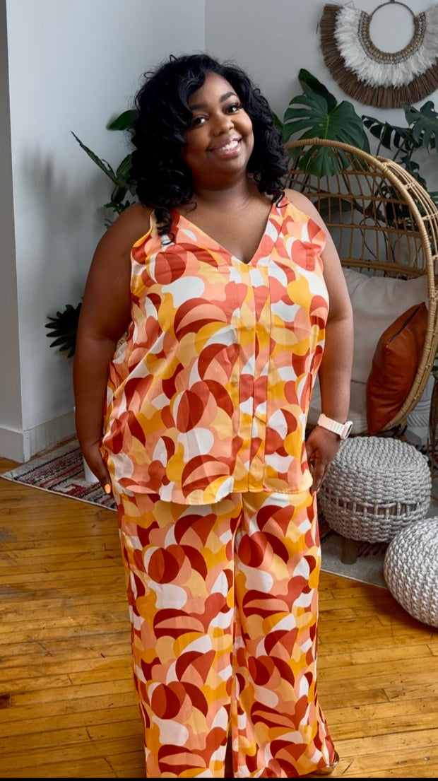 Retro Sunset Plus Size Matching Set | Wide Leg Pants & Tank Top