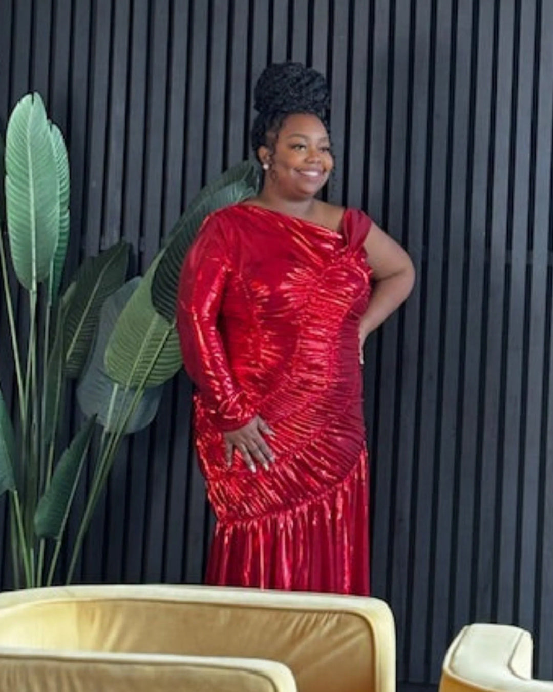 Bold Red Metallic Plus Size Ruched Dress - Perfect for glamorous evenings