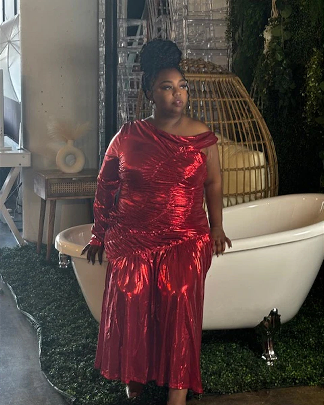 Bold Red Metallic Plus Size Ruched Dress - Perfect for glamorous evenings
