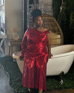 Bold Red Metallic Plus Size Ruched Dress - Perfect for glamorous evenings