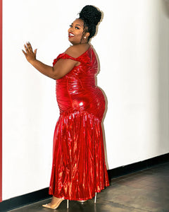 Bold Red Metallic Plus Size Ruched Dress - Perfect for glamorous evenings