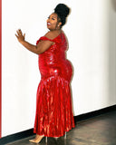 Bold Red Metallic Plus Size Ruched Dress - Perfect for glamorous evenings