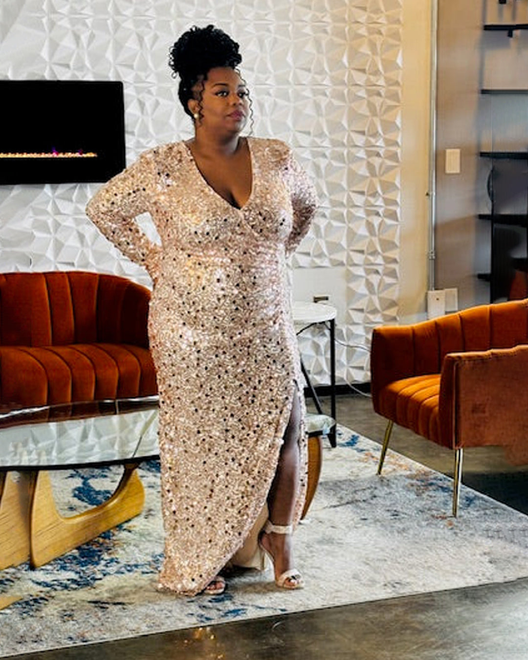 Champagne Embellished Sequin Plus-Size Gown with High Slit | Elegant Evening Plus Size Dress