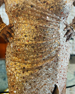 Champagne Embellished Sequin Plus-Size Gown with High Slit | Elegant Evening Plus Size Dress