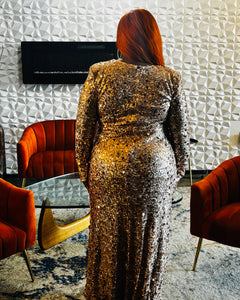 Champagne Embellished Sequin Plus-Size Gown with High Slit | Elegant Evening Plus Size Dress