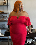 Elegant Red Glitter Off the Shoulder Plus Size Bodycon Dress| Stunning Formal Wear