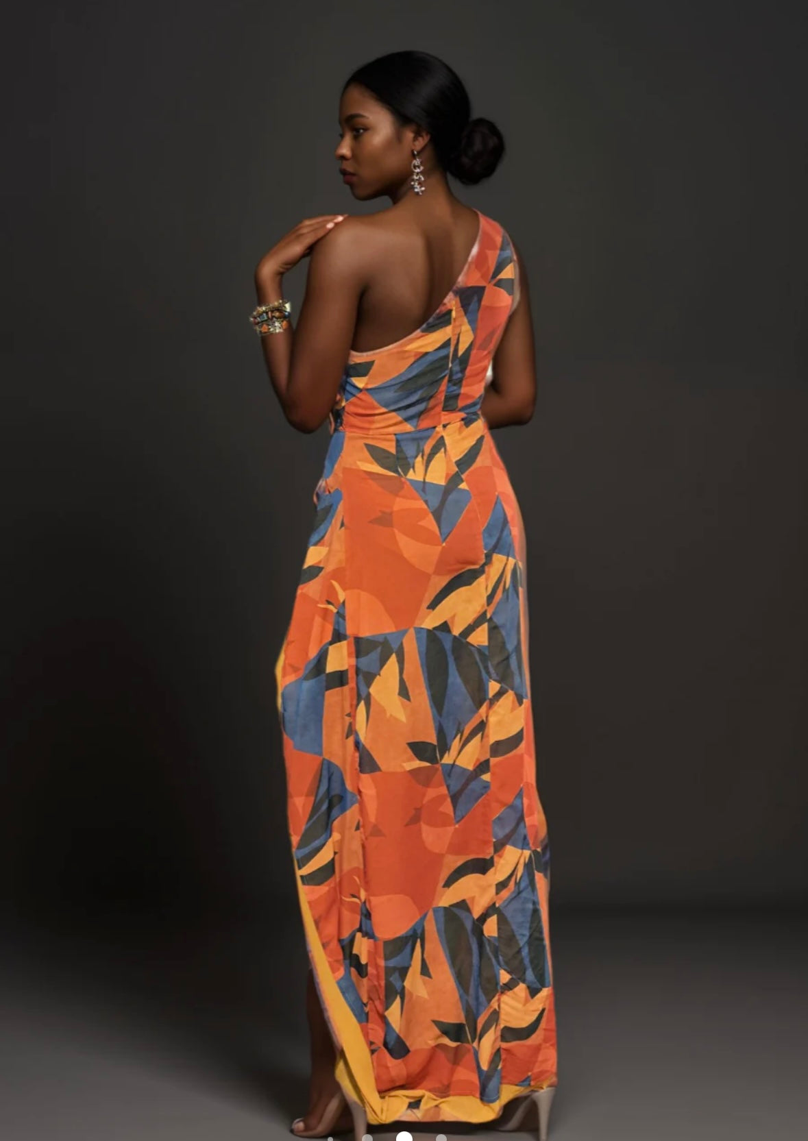 One Shoulder Orange Print Maxi