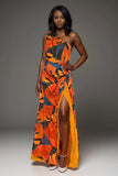 One Shoulder Orange Print Maxi