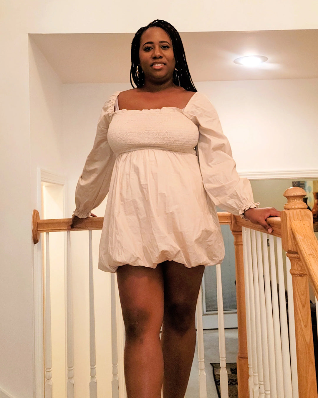 Women's Beige Balloon Sleeve Mini Dress - Long Sleeve Chic Dress