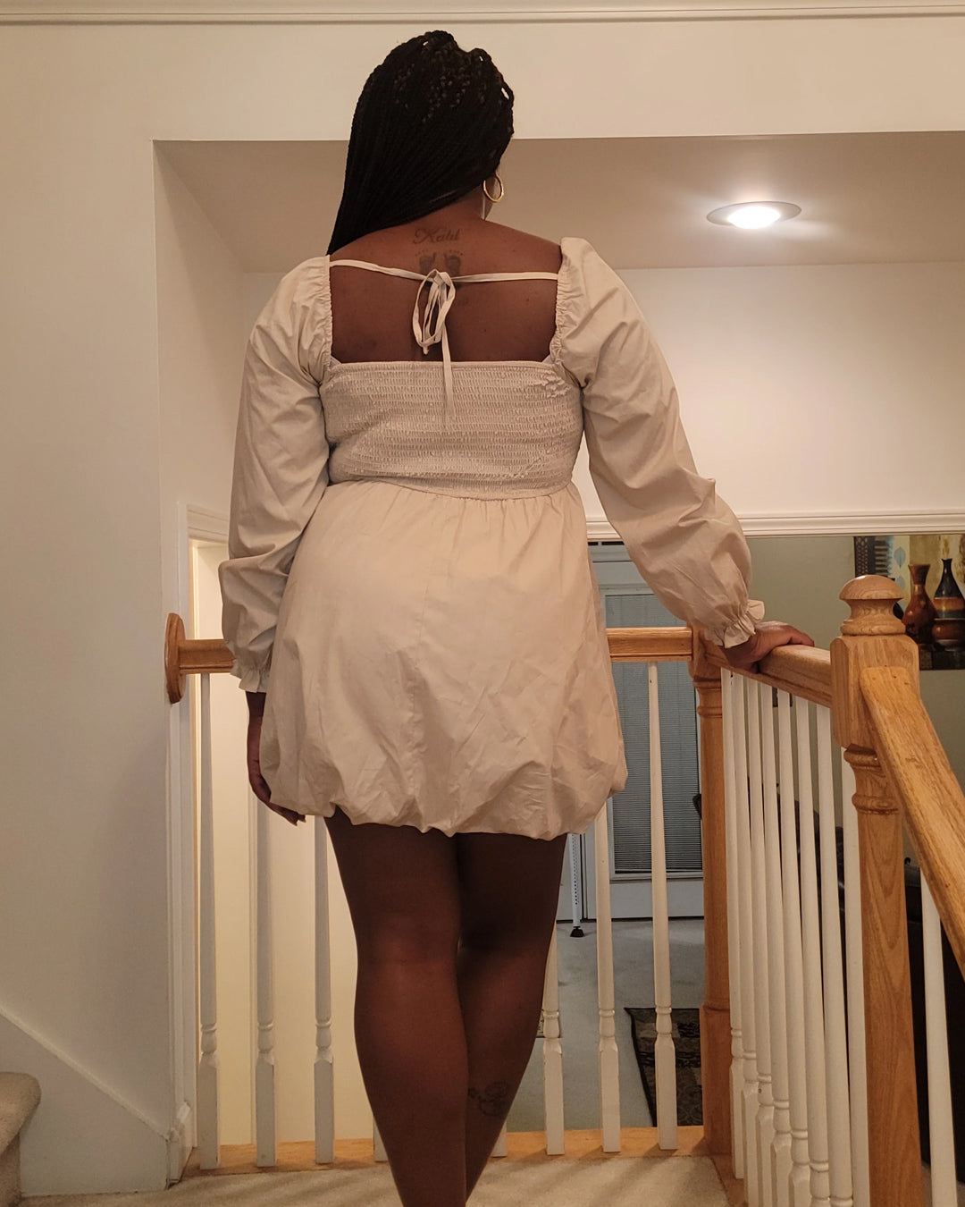 Women's Beige Balloon Sleeve Mini Dress - Long Sleeve Chic Dress